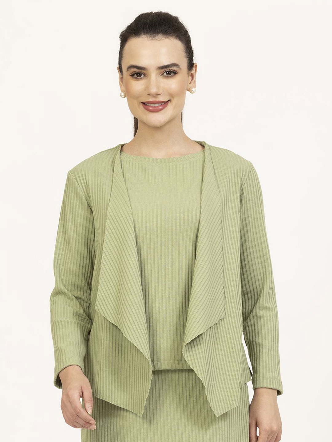 

OFFICE & YOU Striped Open Front Shrug, Green