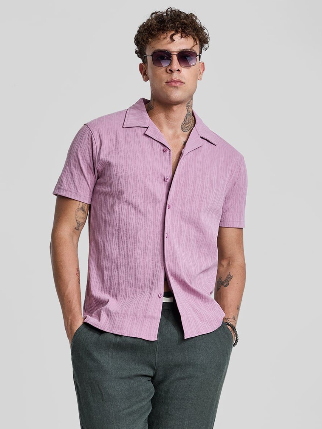 

Snitch Men Smart Cuban Collar Textured Casual Shirt, Pink