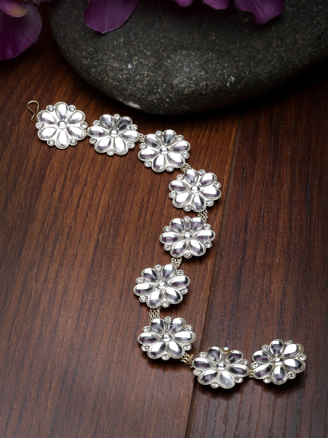 

NVR Rhodium-Plated Artificial Stones and Beads Studded Matha Patti Head Jewellery, Silver