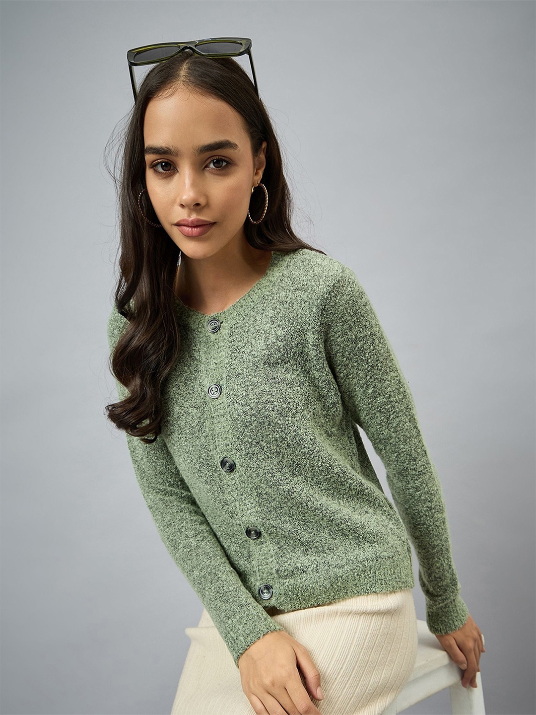 

Club York Women Self Design Cardigan Sweaters, Green