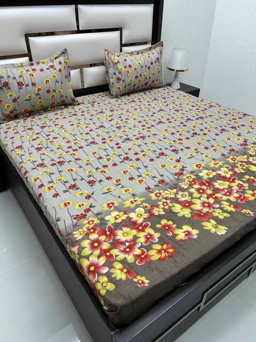 

Pure Decor Grey & Yellow Floral Microfiber 300 TC Queen Bedsheet Set 2.28 m x 2.54 m