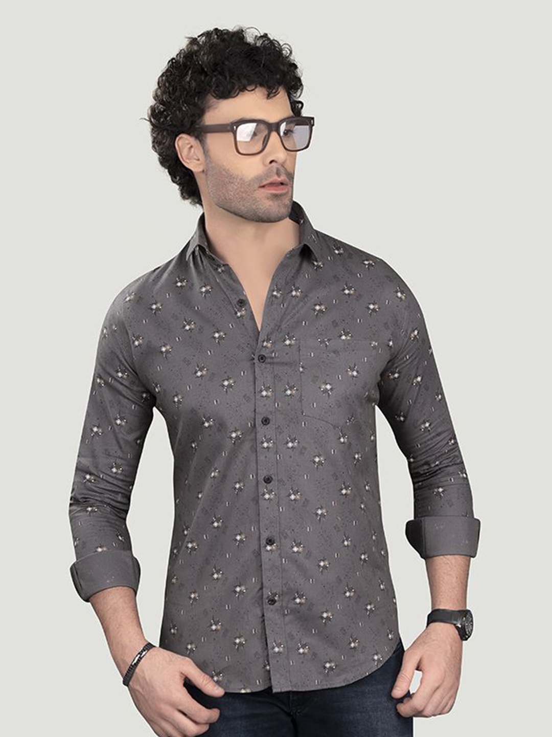 

ALMATY Men Comfort Spread Collar Micro Ditsy Printed Cotton Slim Fit Casual Shirt, Grey