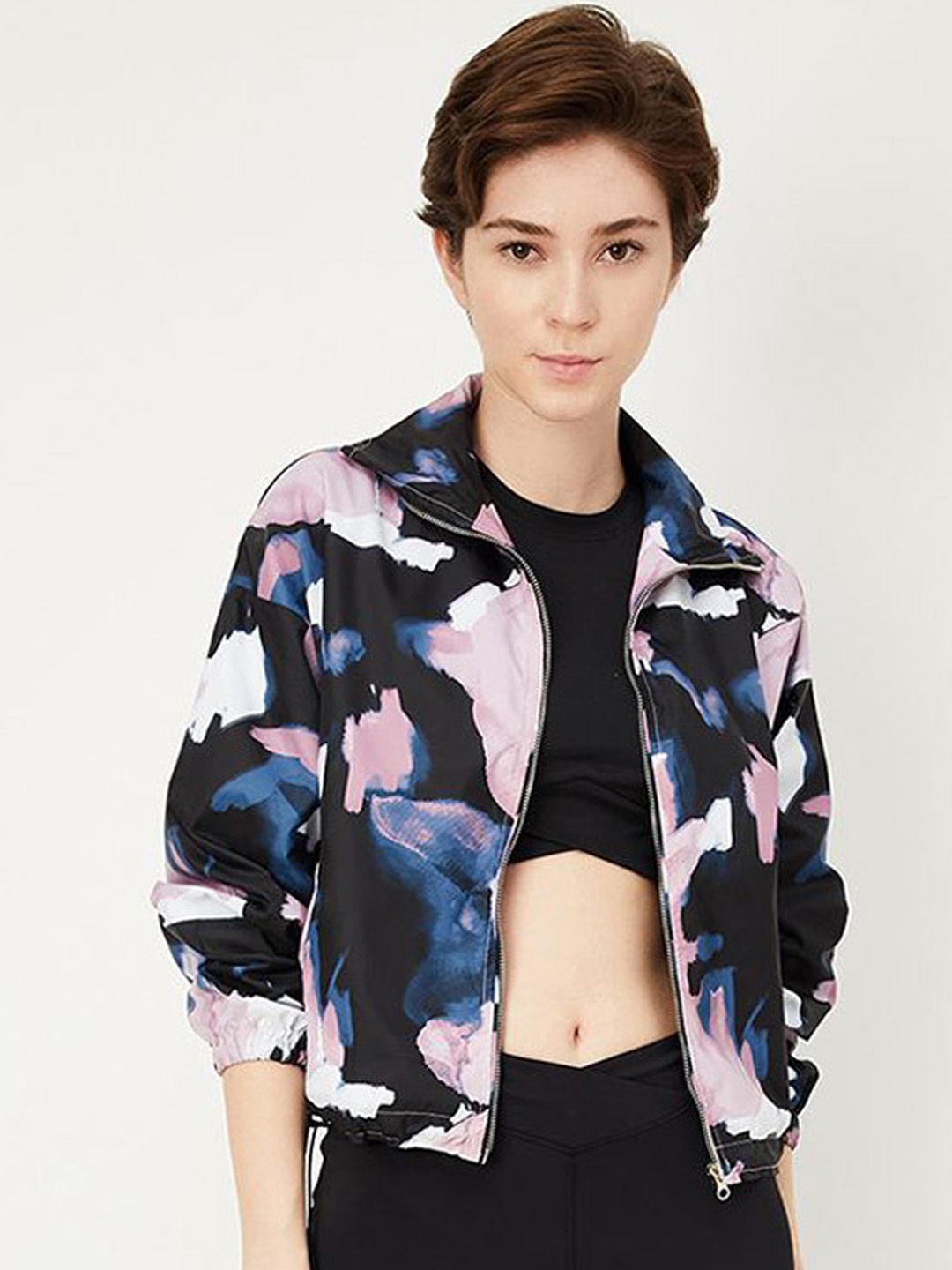 

max Women Mock Collar Abstract Printed Casual Bomber Jacket, Black