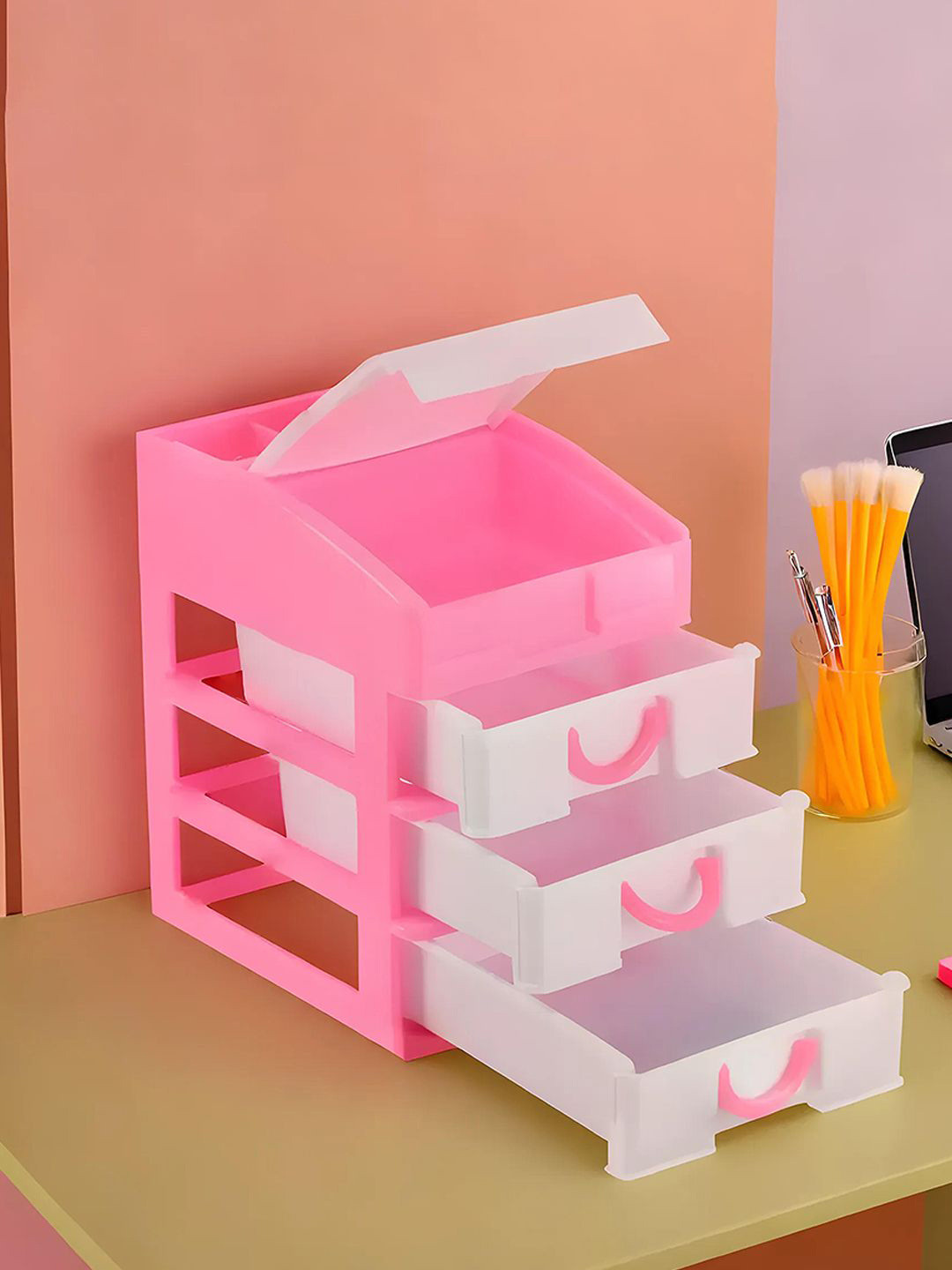 

Kuber Industries Pink & White 2 Pieces Reusable 4-Tier Desk Organisers