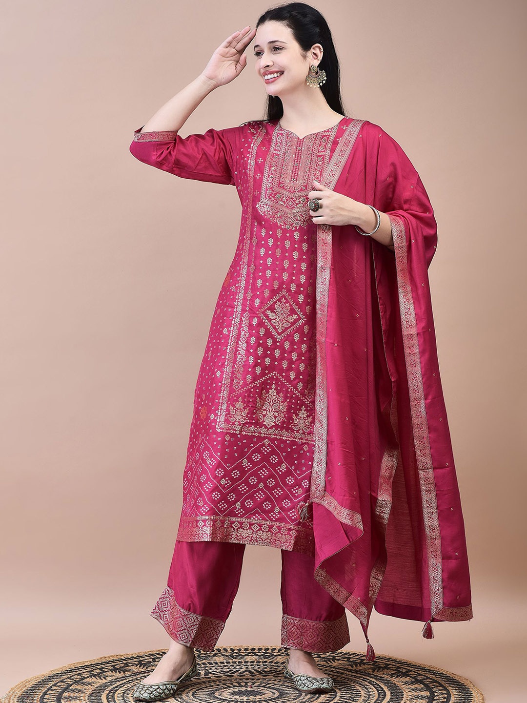 

Shree Floral Woven Design Round Neck Beads Work Straight Kurta With Trouser With Dupatta, Fuchsia