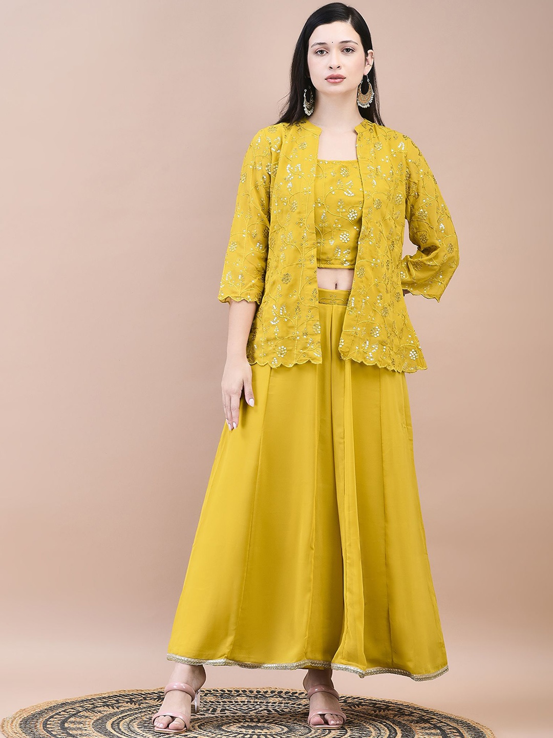 

Shree Embroidered Top & Jacket with Split Pant Co-Ord Set, Mustard