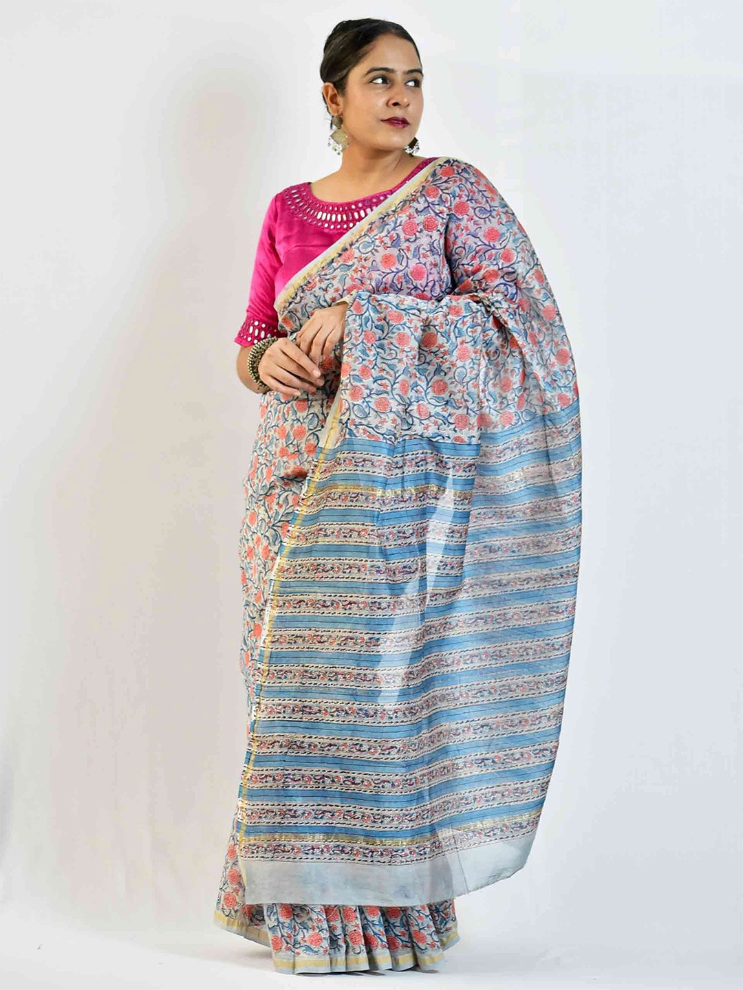 

Sundarii Ethnic Motif Printed Chanderi Saree, Blue