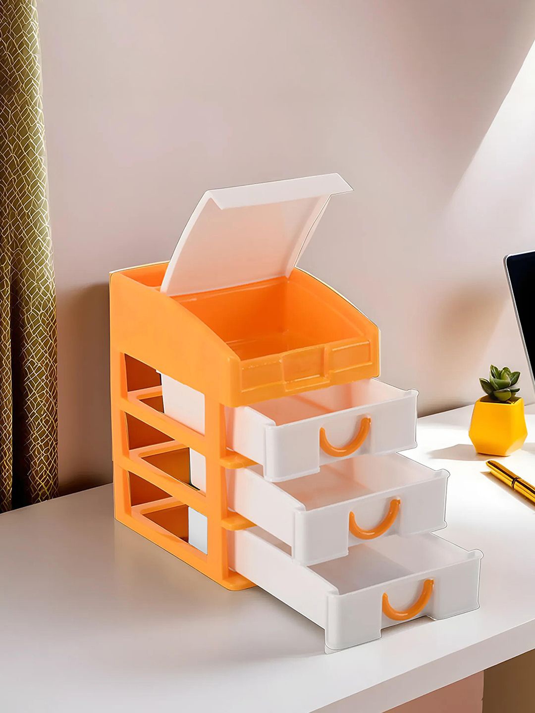 

Kuber Industries Yellow & White 2 Pieces Reusable 4-Tier Desk Holder Drawer Organiser