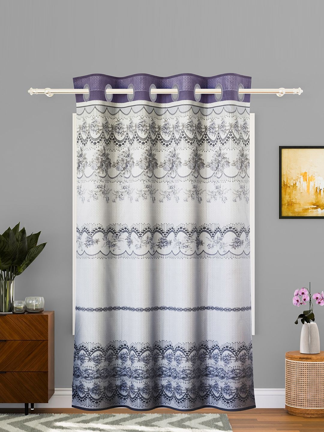 

Kuber Industries Cream-Coloured & Grey Floral Printed Eyelet Cotton Door Curtain