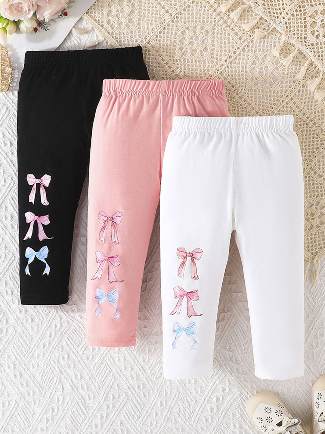 

INCLUD Girls Cotton Pack Of 3 Printed Ankle-Length Leggings, Black