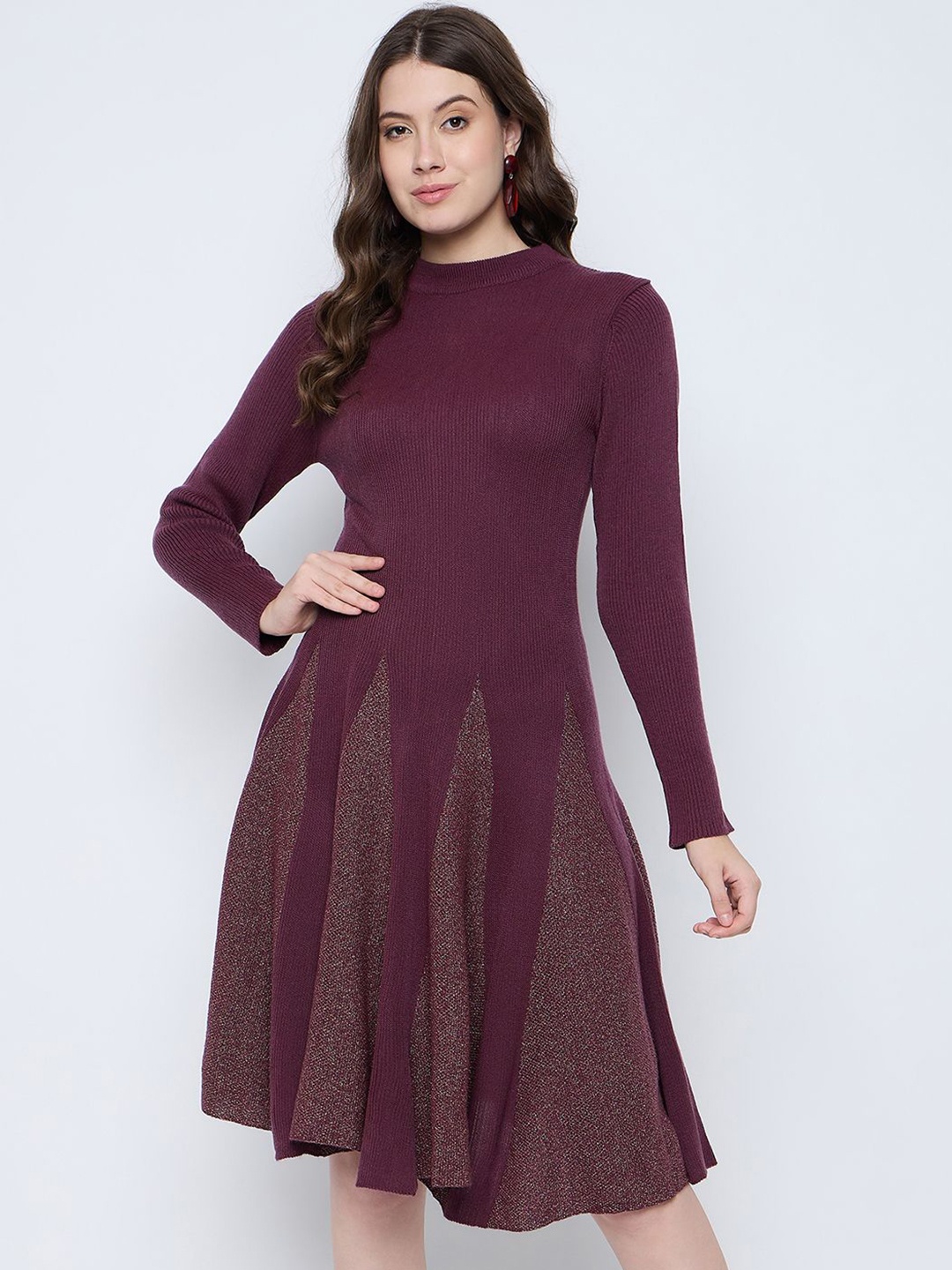 

Knitstudio Women Round Neck Long Sleeves Fit & Flare Dress, Maroon
