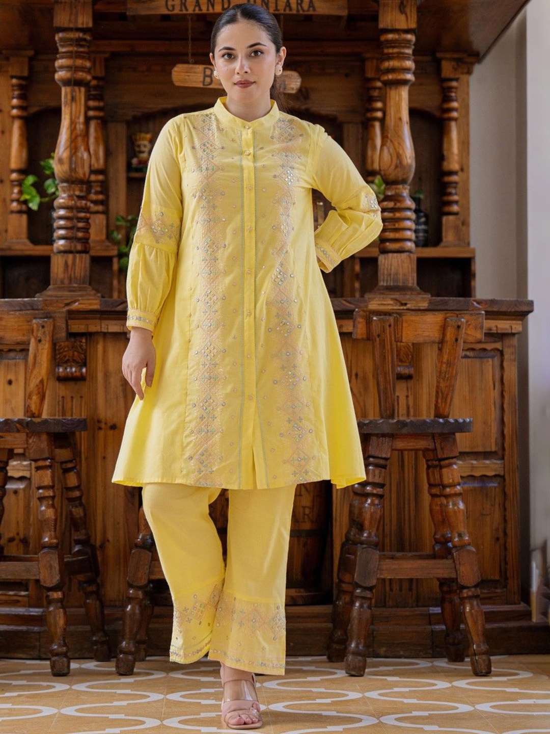 

AUTUMN LANE Floral Embroidered Mirror Work Pure Cotton A-Line Kurti With Trouser, Yellow