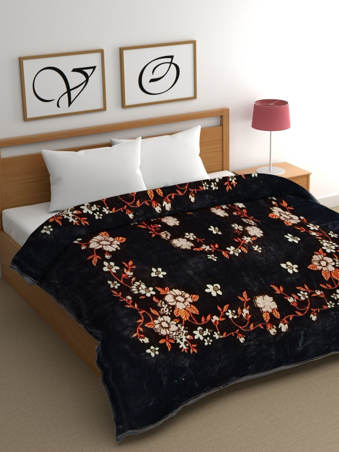 

CG HOMES Black & Orange Coloured Floral Heavy Winter 350 GSM Double Bed Blanket