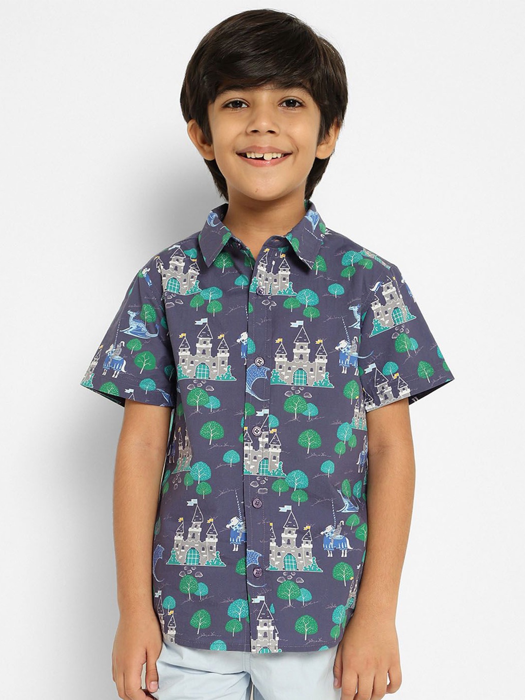 

Somersault Boys Spread Collar Conversational Printed Cotton Casual Shirt, Blue