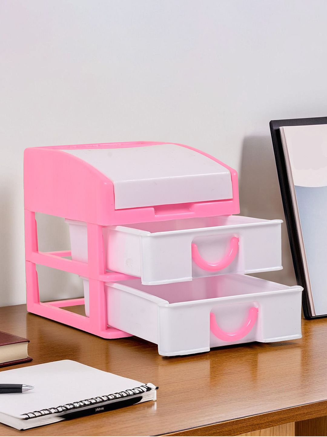 

Kuber Industries Pink & White Reusable 3-Tier Stationary Drawer Organiser