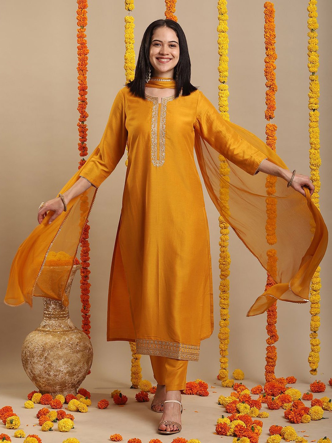 

KALINI Embroidered Thread Work Straight Kurta with Trouser & Dupatta, Yellow