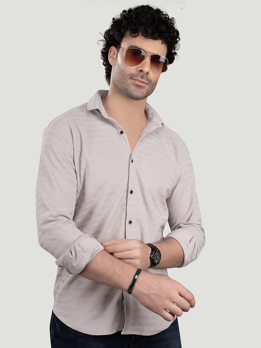 

ALMATY Men Comfort Spread Collar Textured Solid Cotton Slim Fit Casual Shirt, Lavender