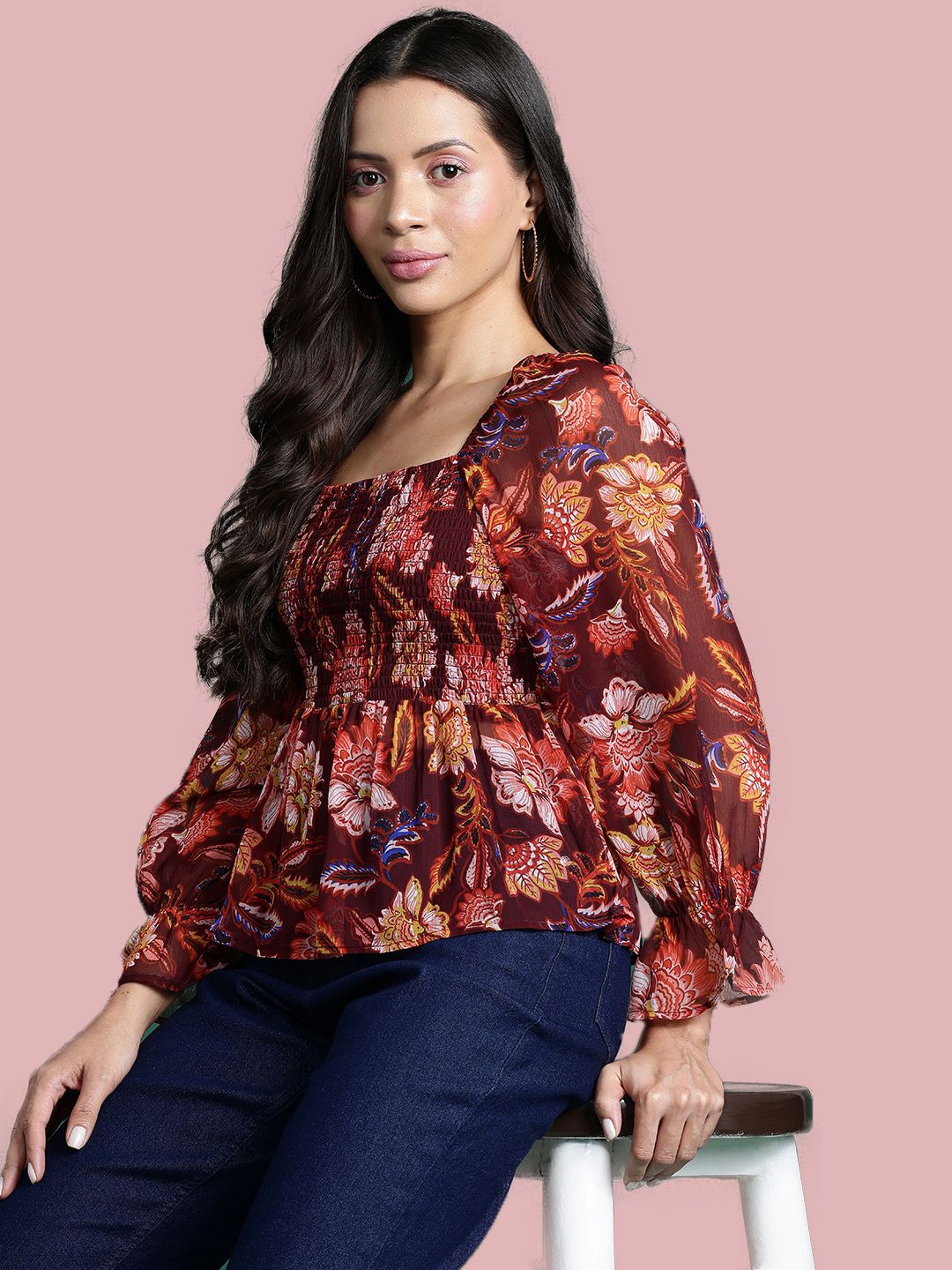 

Deewa Floral Printed Puff Sleeve Peplum Top, Brown