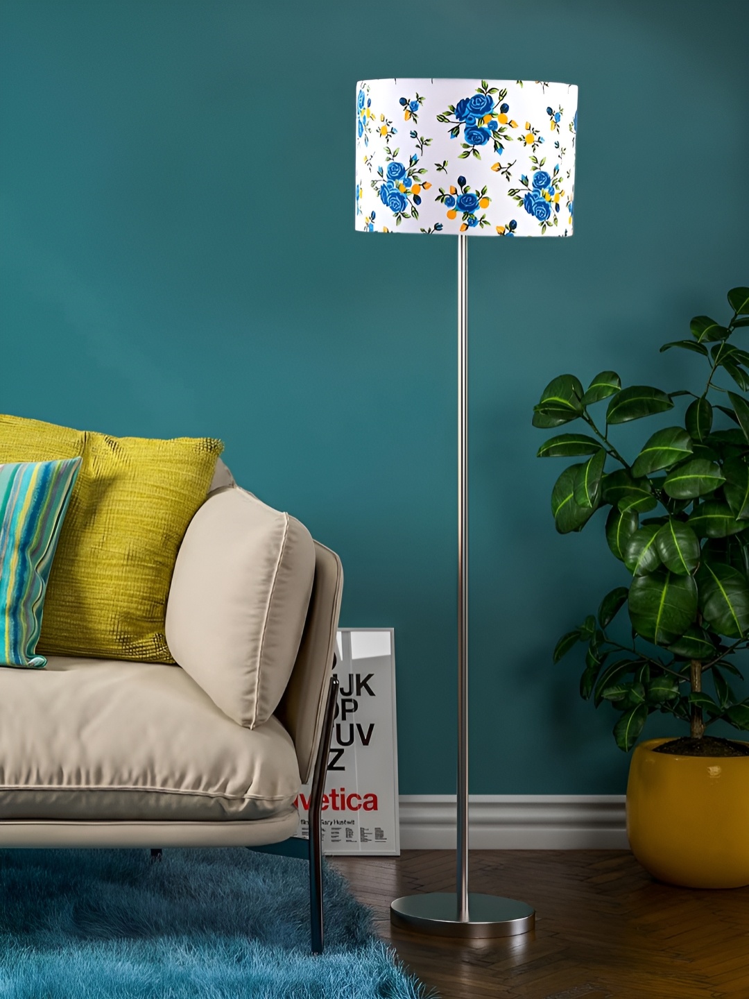 

Devansh White & Blue Drum Shade Floral Printed Steel Base Floor Lamp