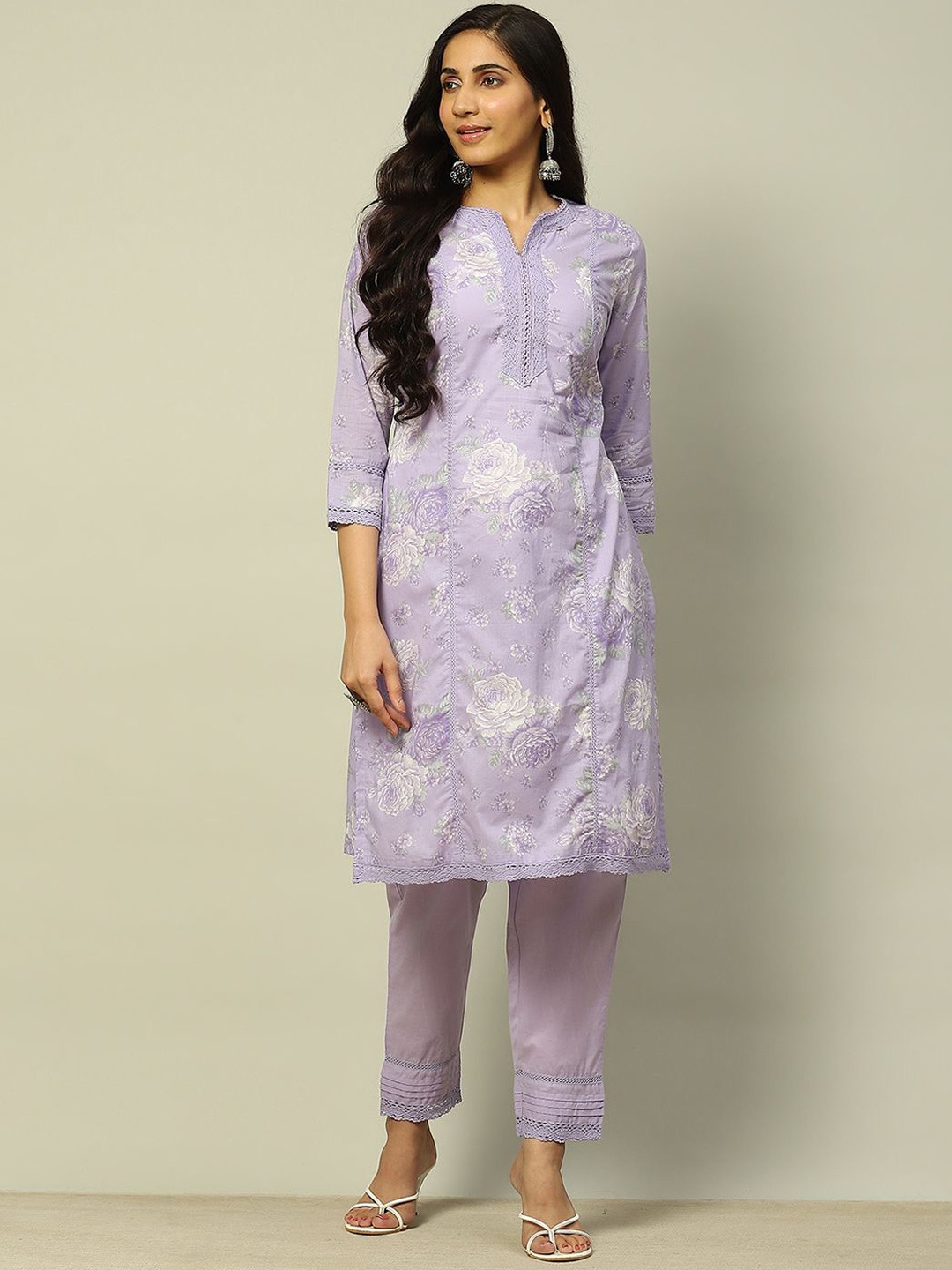 

Rangriti Floral Printed Pure Cotton Kurta With Trousers, Purple