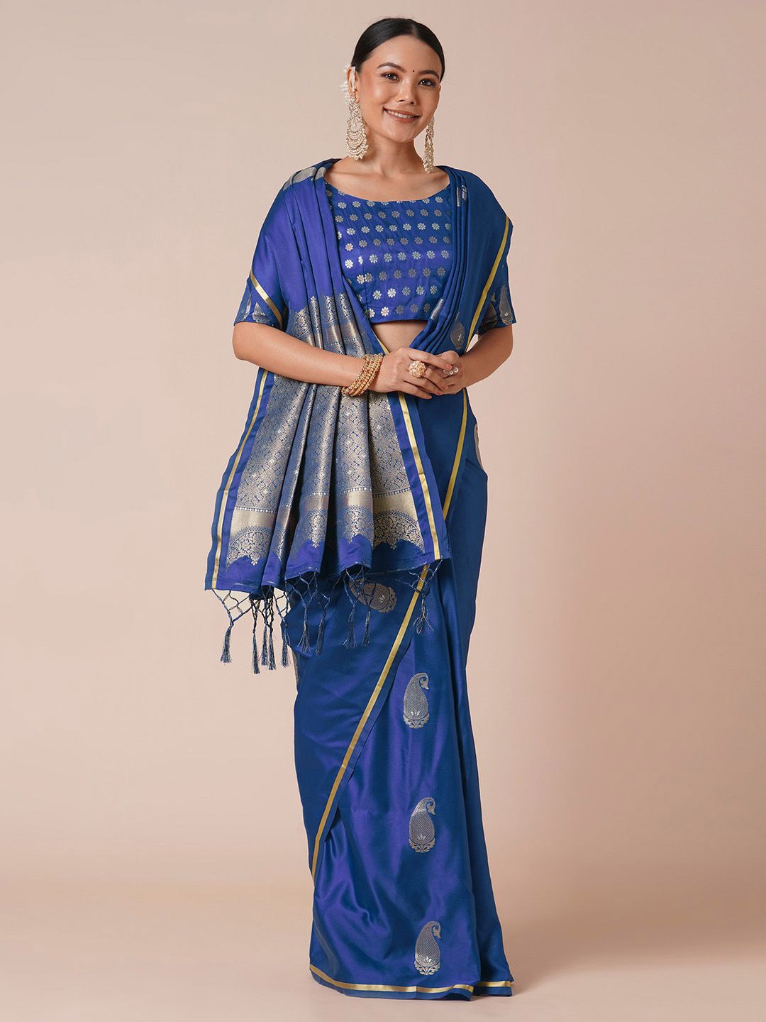 

House of Pataudi Woven Design Banarasi Satin silk Saree, Blue