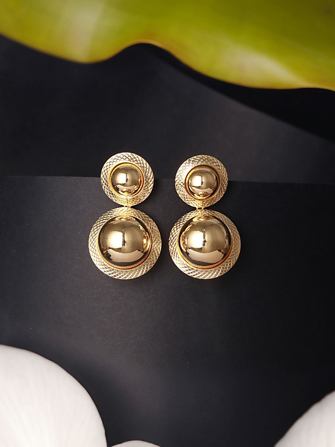 

SARAF TRENDZ Stainless Steel Gold-Plated American Diamond Studded Drop Earrings
