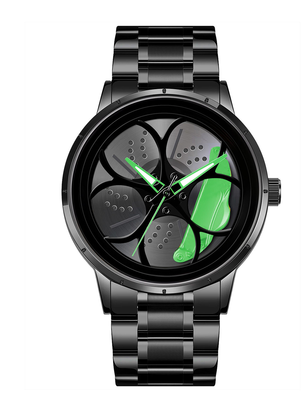 

IIK COLLECTION Men Round Car Wheel Dial With Spinning Car Rim Hub Chain Analogue Watch, Green