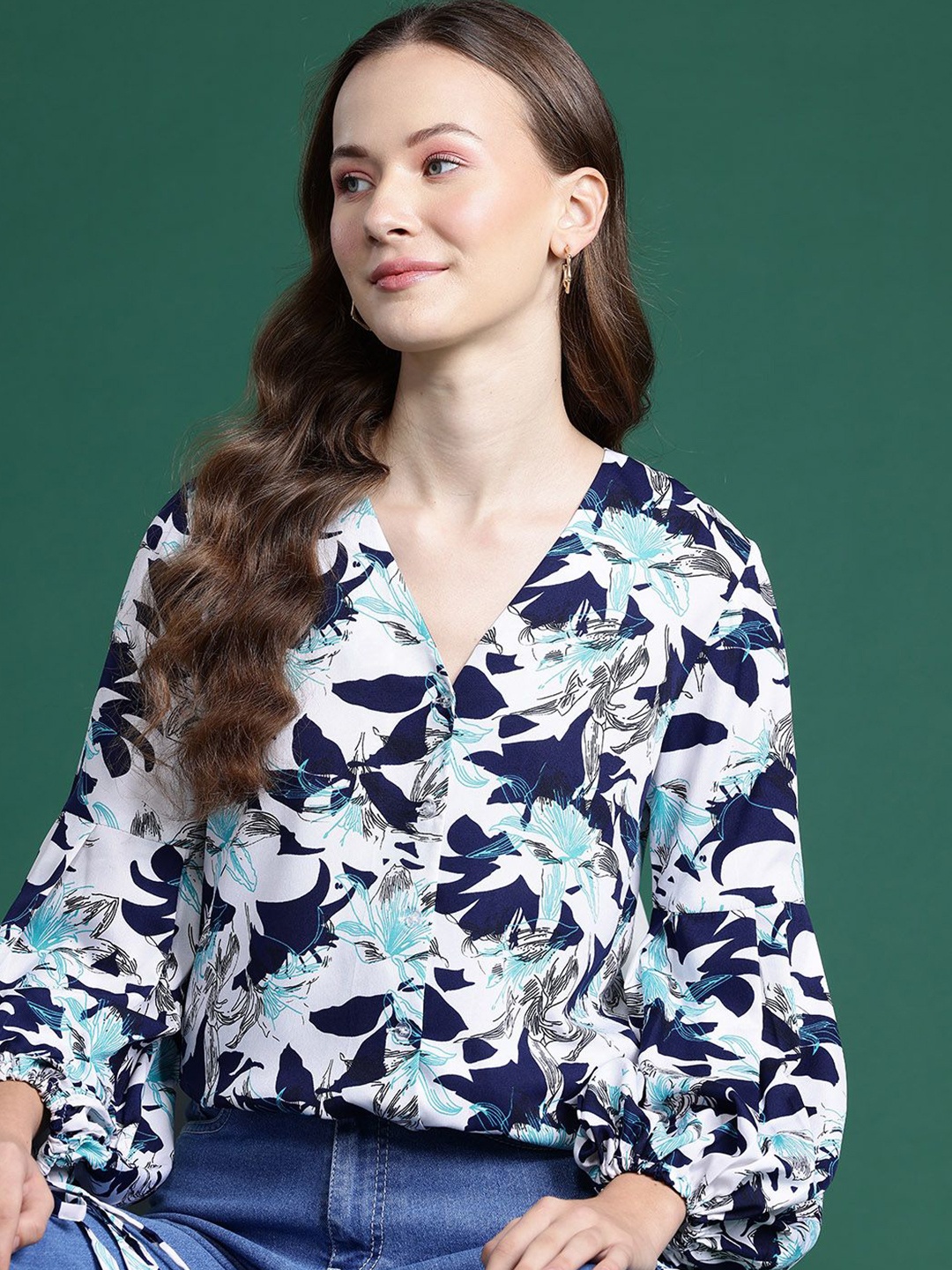 

Deewa Women Floral Printed Shirt Style Top, Navy blue
