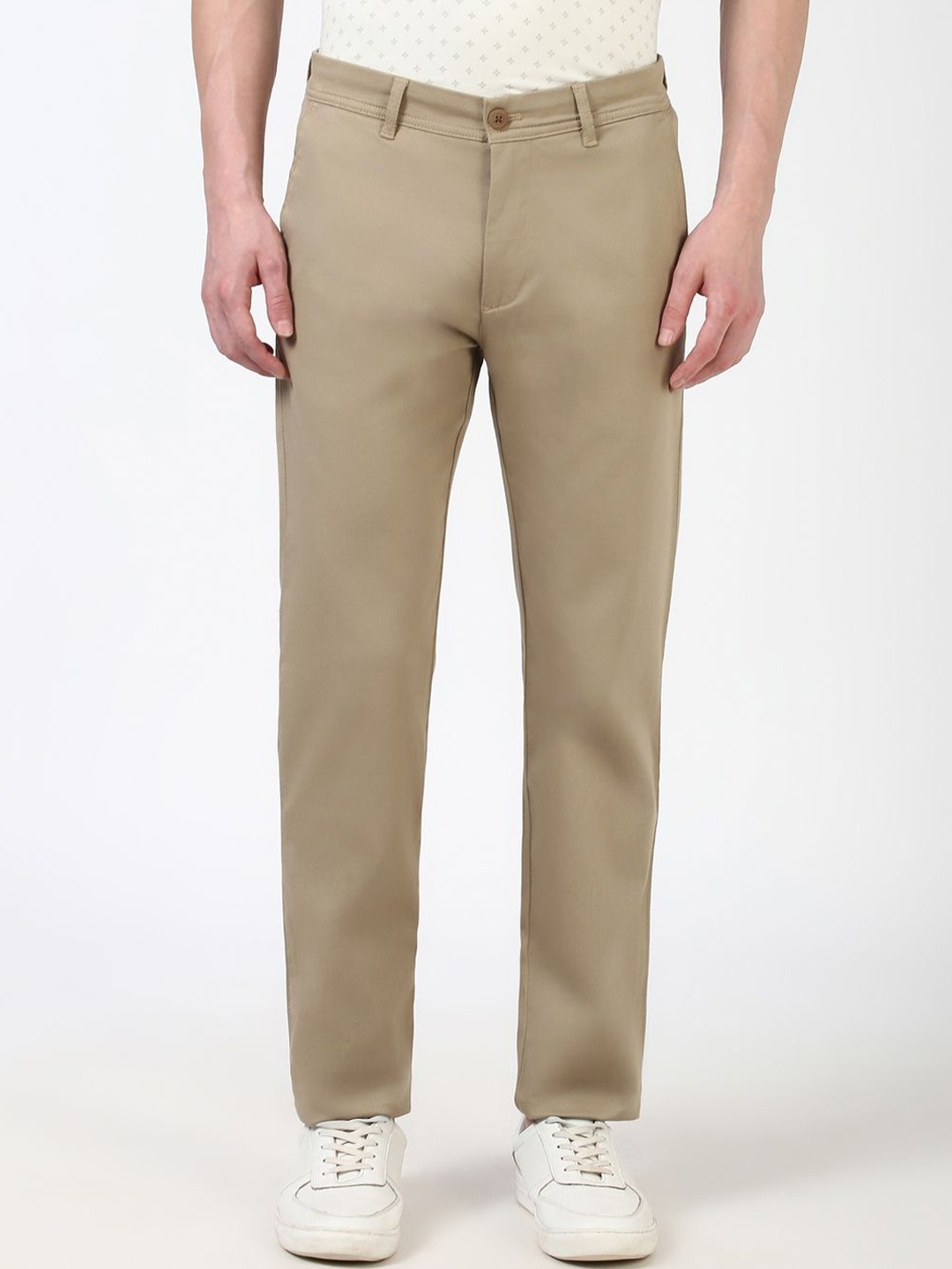 

Peter England Casuals Men Super Slim Fit Mid-Rise Trousers, Khaki