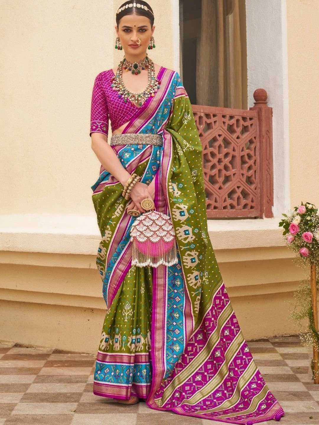 

MAHALASA Ethnic Motifs Printed Zari Patola Saree, Olive