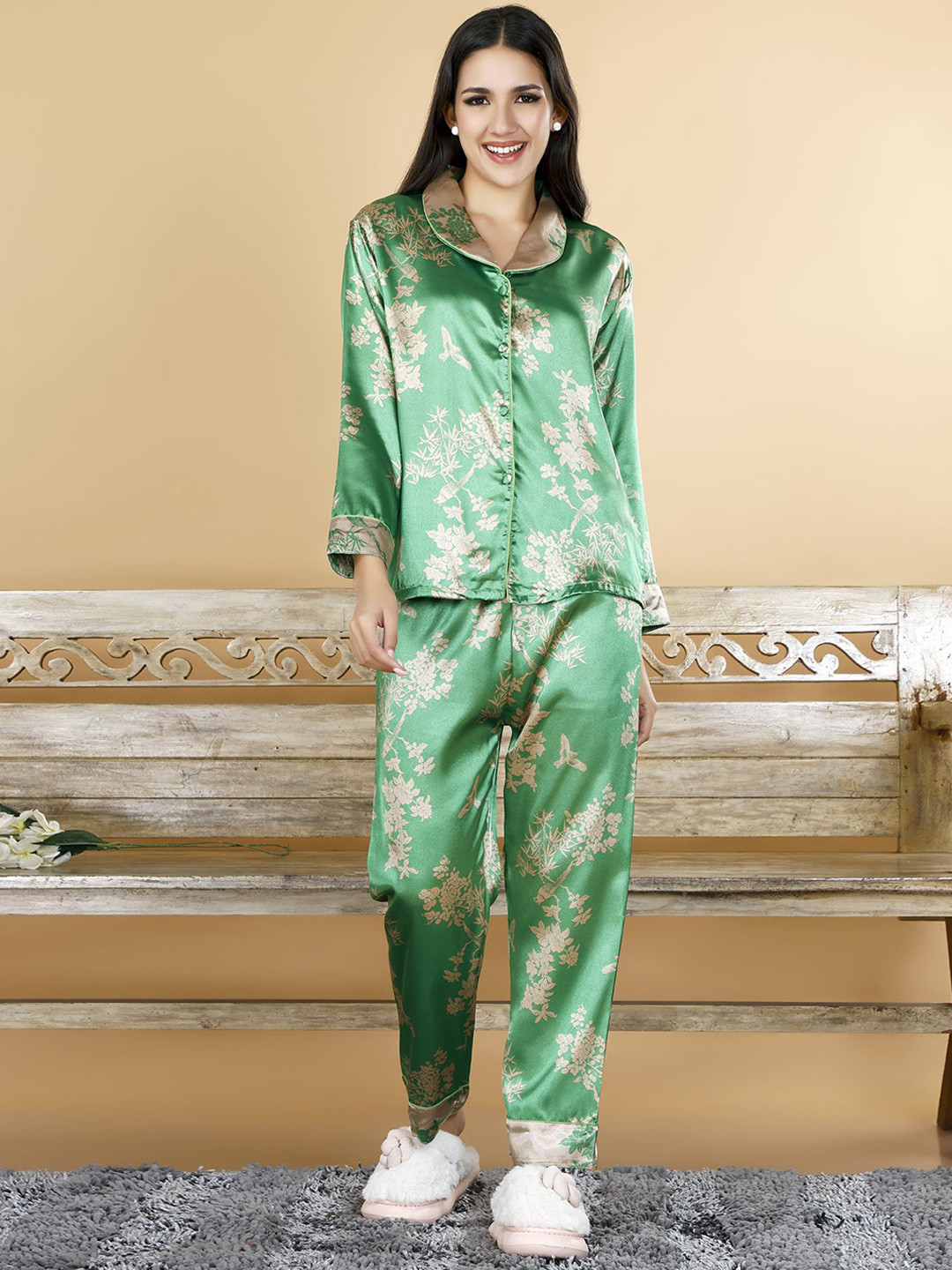 

ANSEE by Addery Women Floral Printed Long Sleeves Night suit, Green