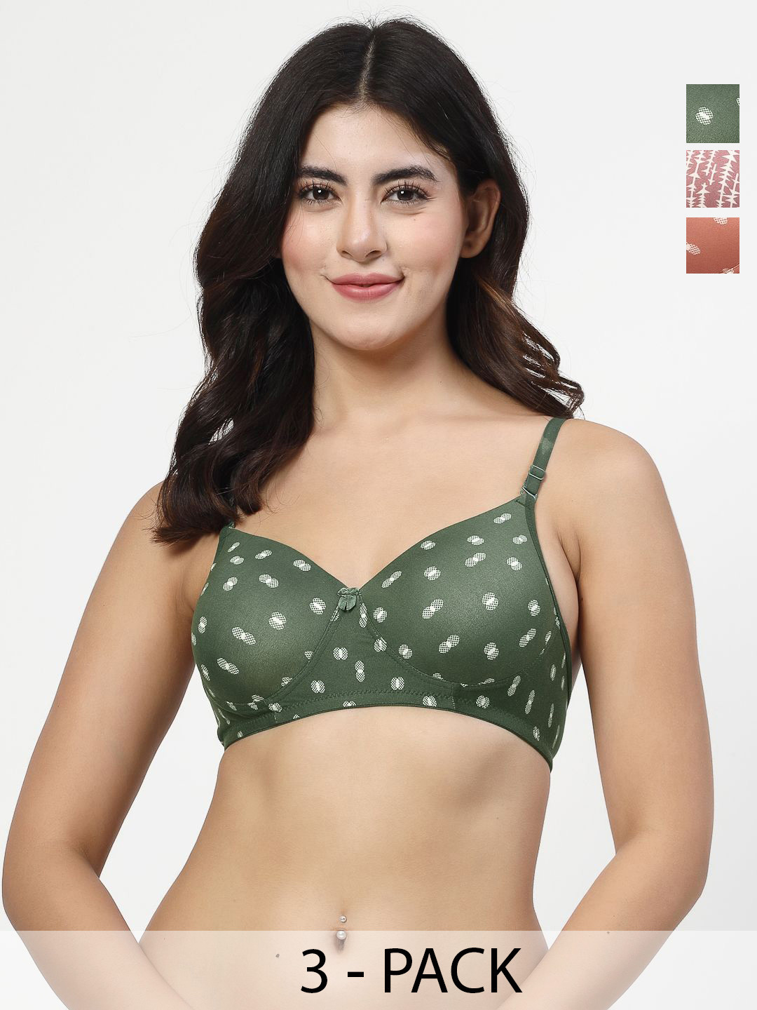 

Docare Women Pack Of 3 Printed Full Coverage T-shirt Bra, Green