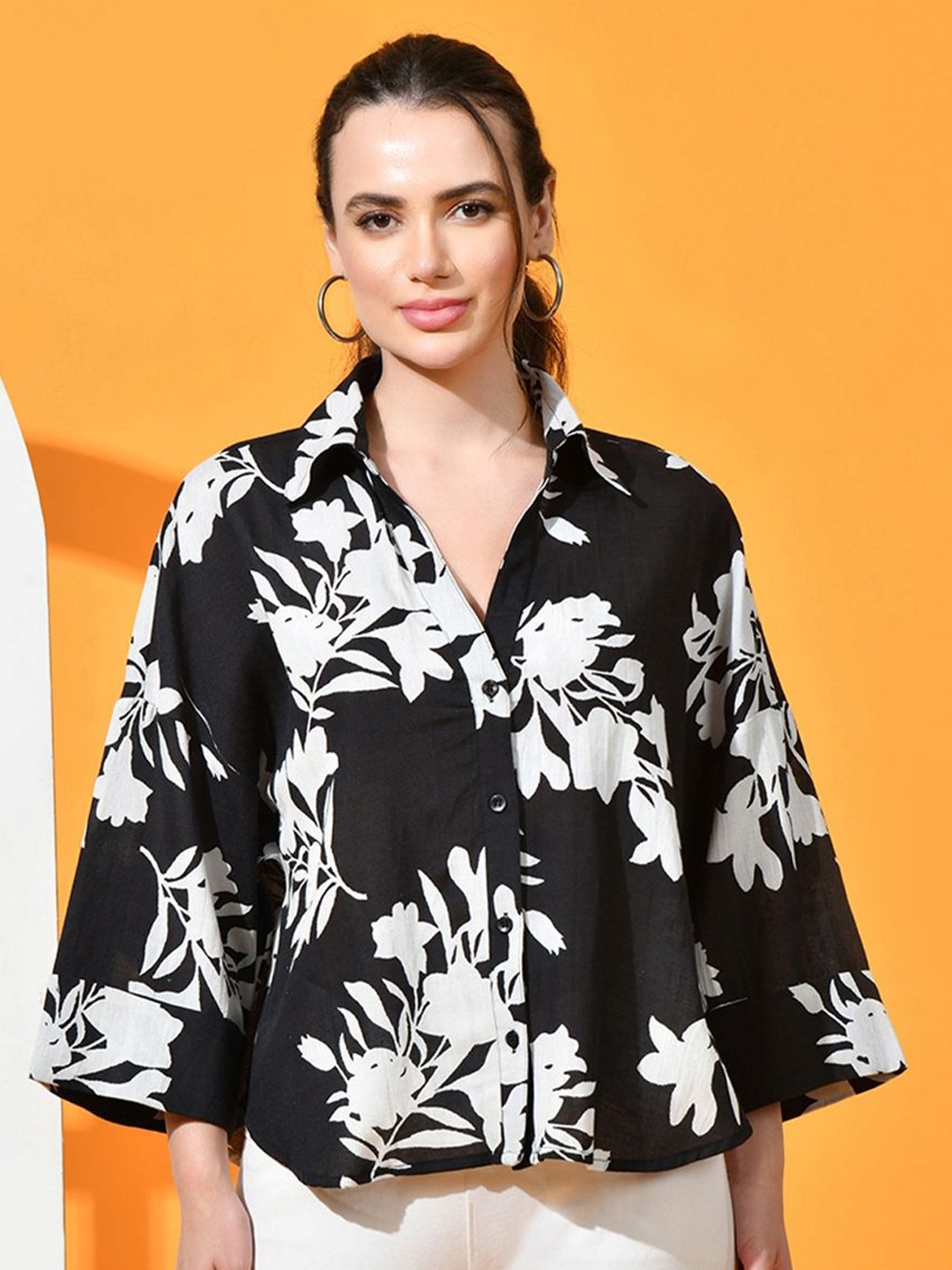 

PRETTY LOVING THING Women Spread Collar Floral Printed Cotton Oversized Casual Shirt, Black