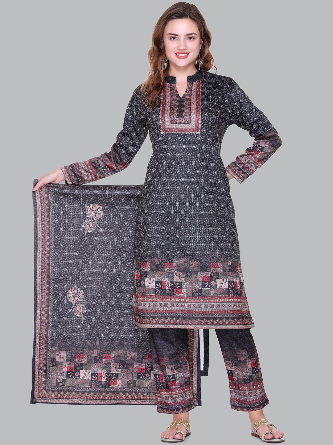 

Melvin Geometric Printed Sequinned Straight Kurta With Trouser & Dupatta, Grey