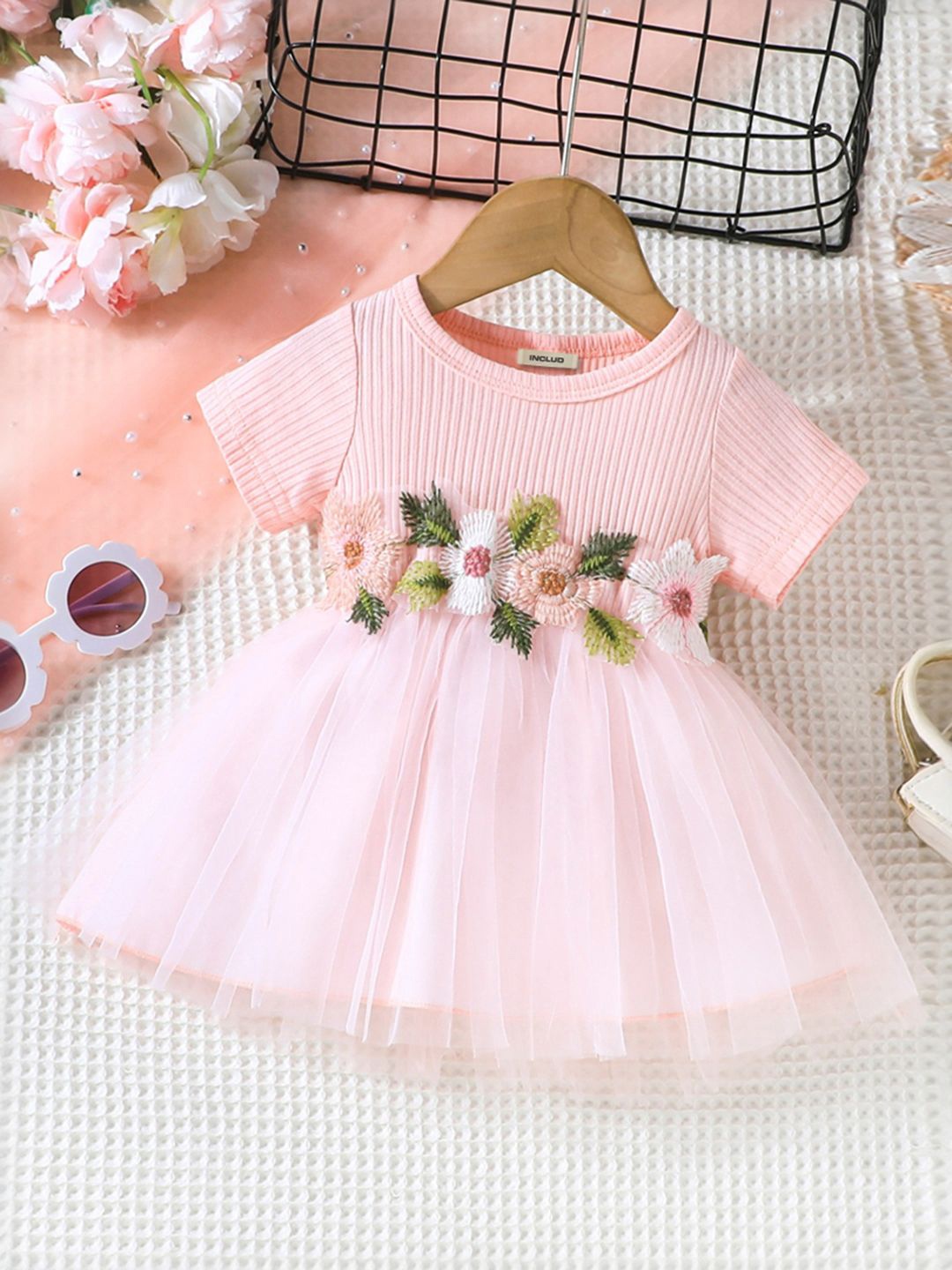 

INCLUD Girls Floral Embroidered Round Neck Fit & Flare Dress, Pink