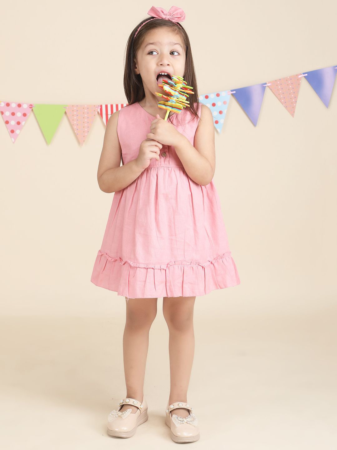 

Polka Tots Girl A-Line Sleeveless Dress With Headband, Pink