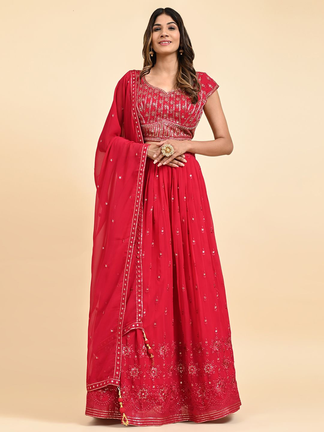 

VANAKARA Embellished Ready to Wear Lehenga & Blouse With Dupatta, Red