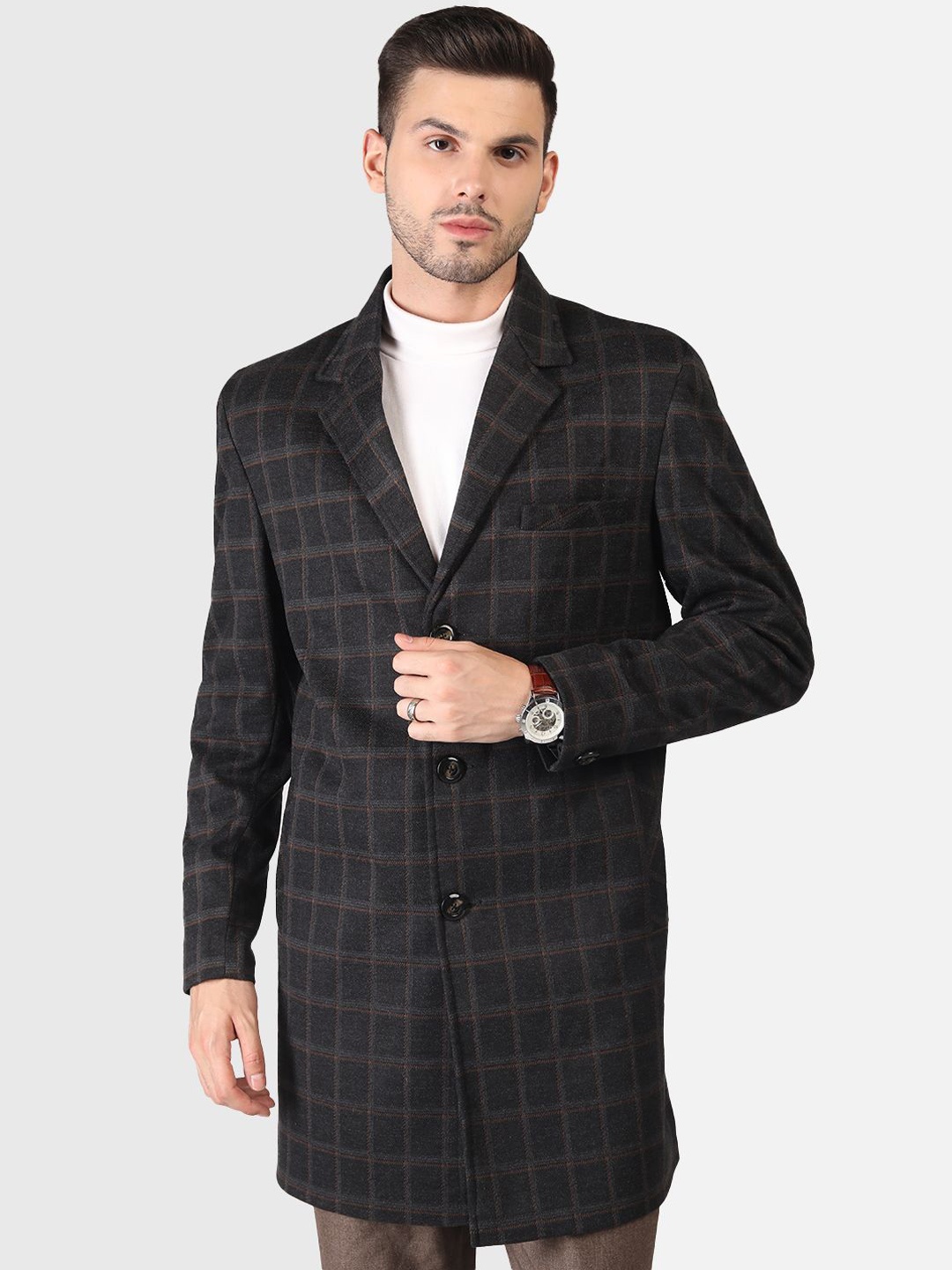 

PROTEX Checked Single-Breasted Overcoat, Brown