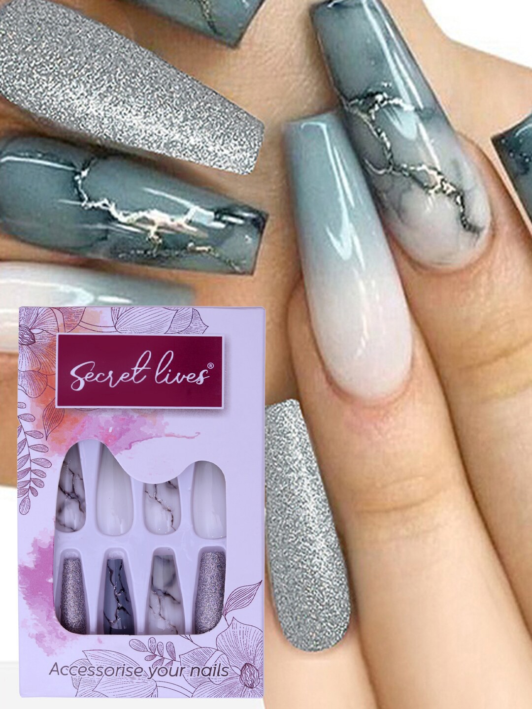 

Secret Lives 24 Pieces Marble Glitter Fake Nails, Grey