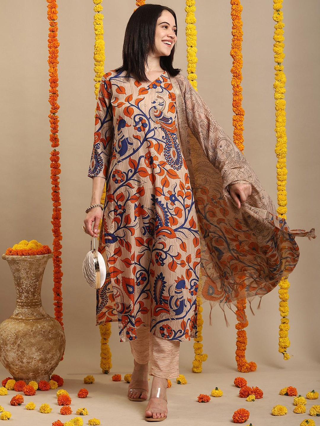 

KALINI V-Neck Floral Printed Straight Kurta with Trouser & Dupatta, Beige