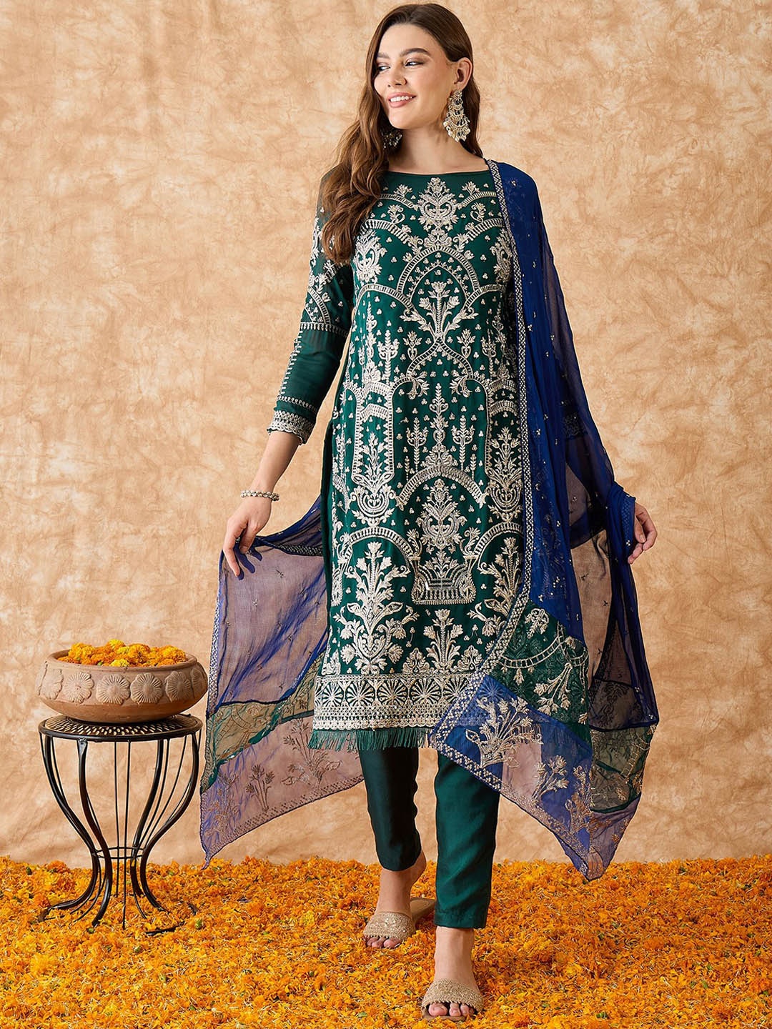 

KALINI Floral Embroidered Silk Georgette Semi-Stitched Dress Material, Green