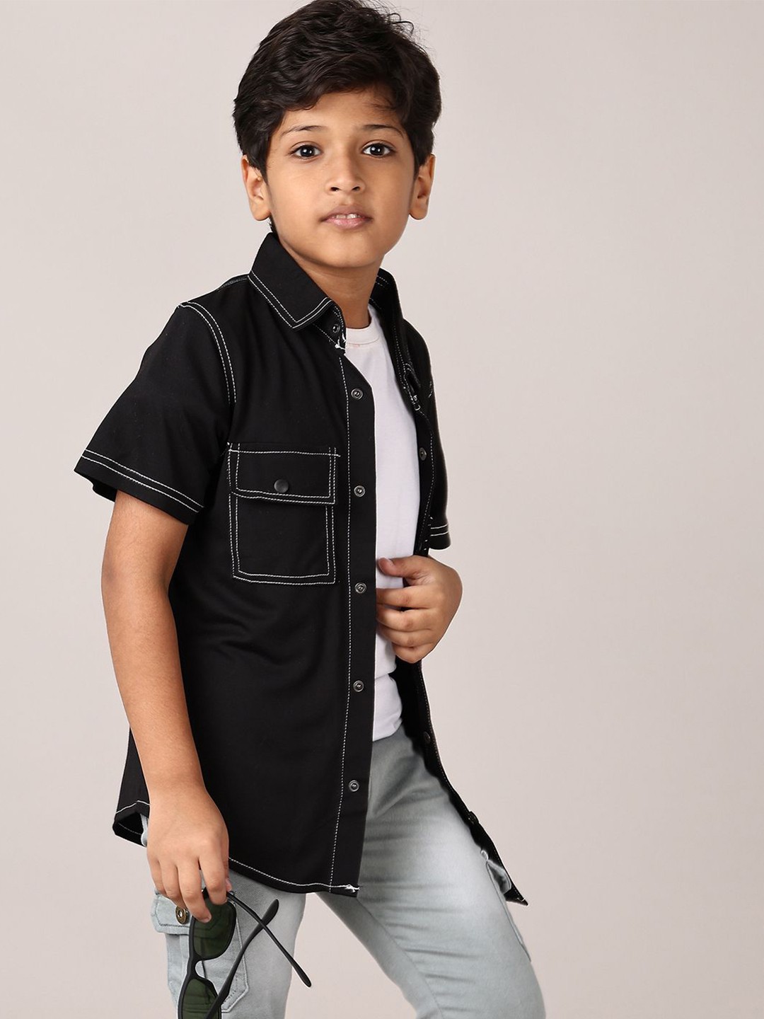 

V-Mart Boys Spread Collar Solid Cotton Casual Shirt, Black