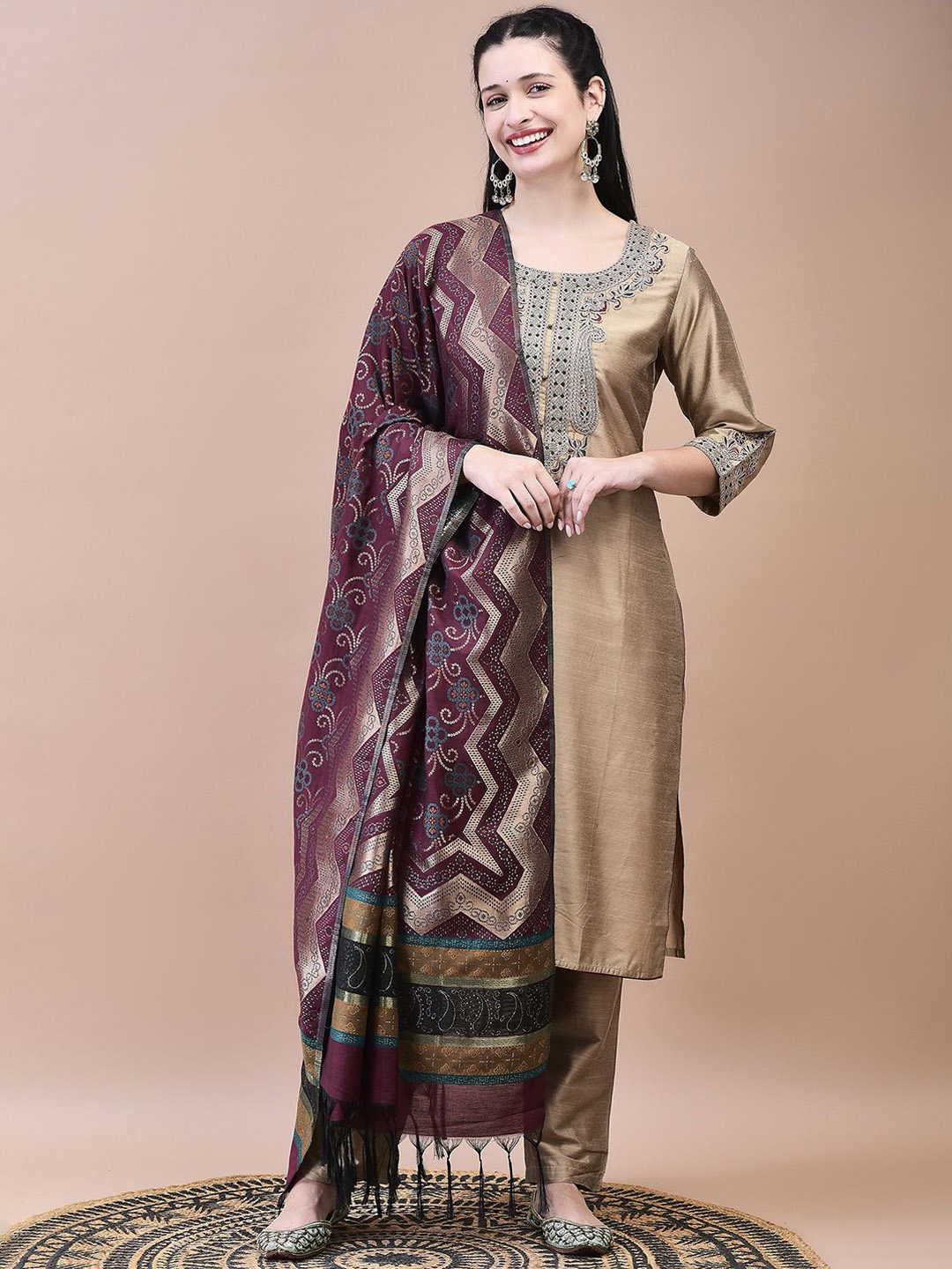 

Shree Floral Embroidered Thread Work Straight Kurta with Trouser & Dupatta, Beige