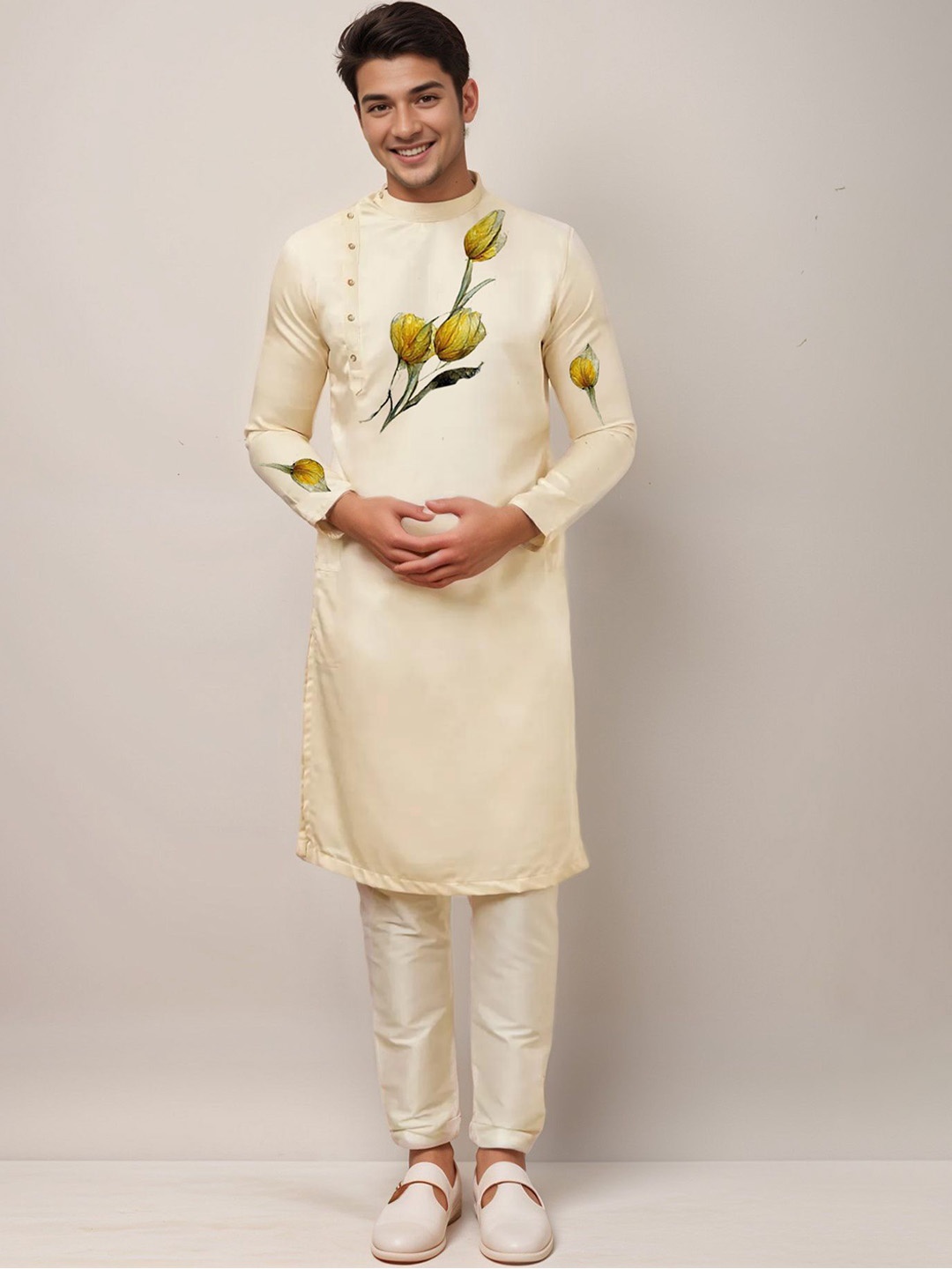 

DEVOILER Floral Printed Thread Work Mandarin Collar Side Placket Cotton Straight Kurta, Beige