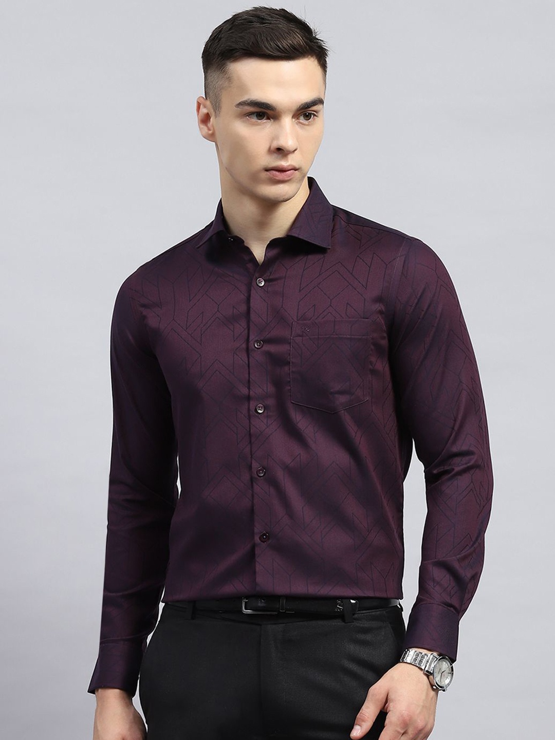 

Monte Carlo Men Spread Collar Micro Ditsy Printed Cotton Formal Shirt, Purple