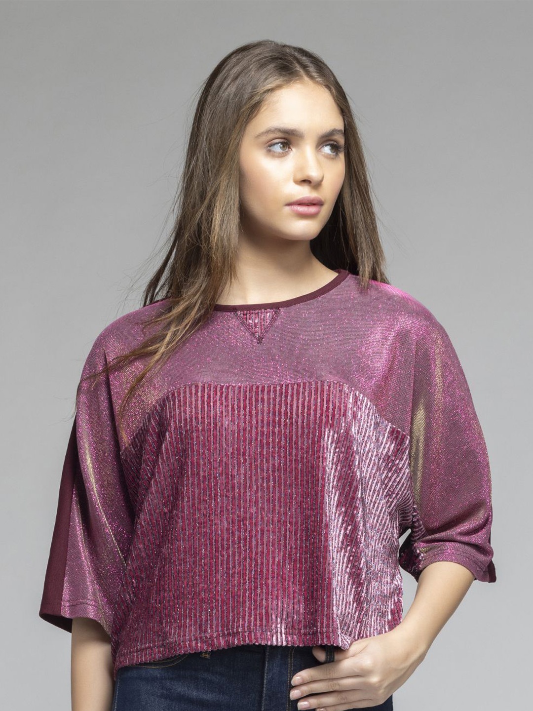 

SHAYE Velvet Round Neck Short Sleeves Top, Burgundy