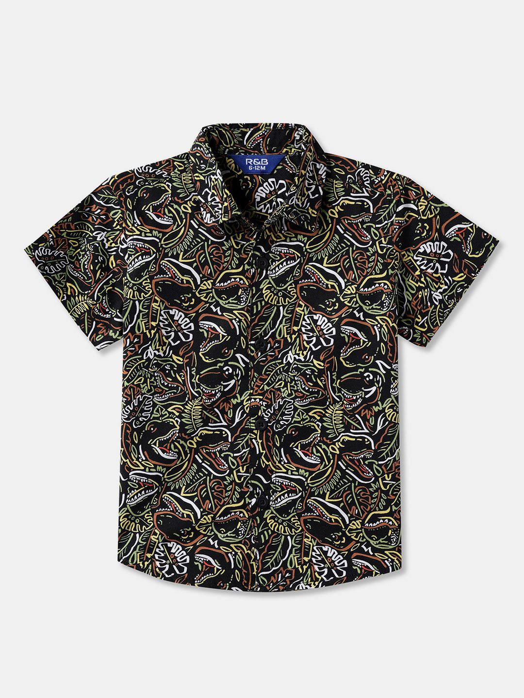 

R&B Boys Spread Collar Abstract Printed Cotton Casual Shirt, Black