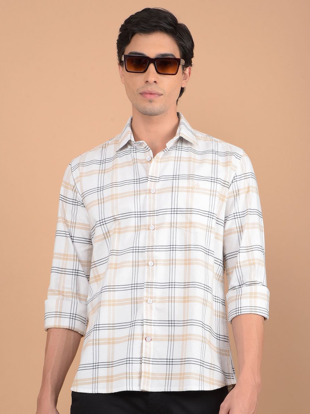 

Crimsoune Club Men Spread Collar Windowpane Checked Cotton Casual Shirt, White