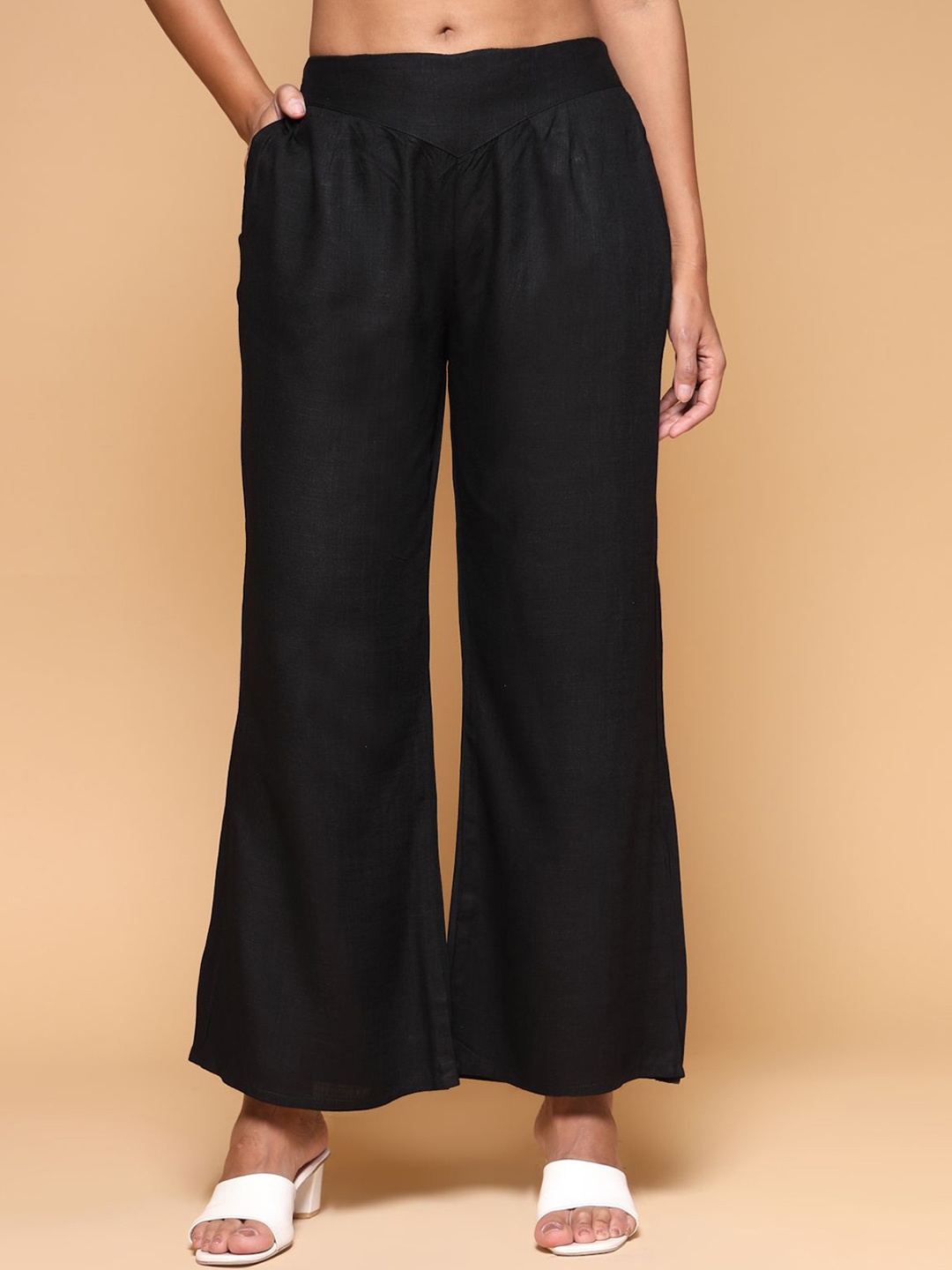 

KATLINE Women Solid Relaxed Straight Leg Trousers, Black