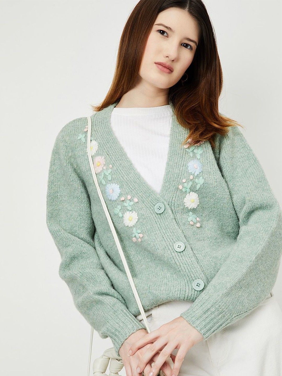 

max Women Floral Embroidered Long Sleeves Sweaters, Green
